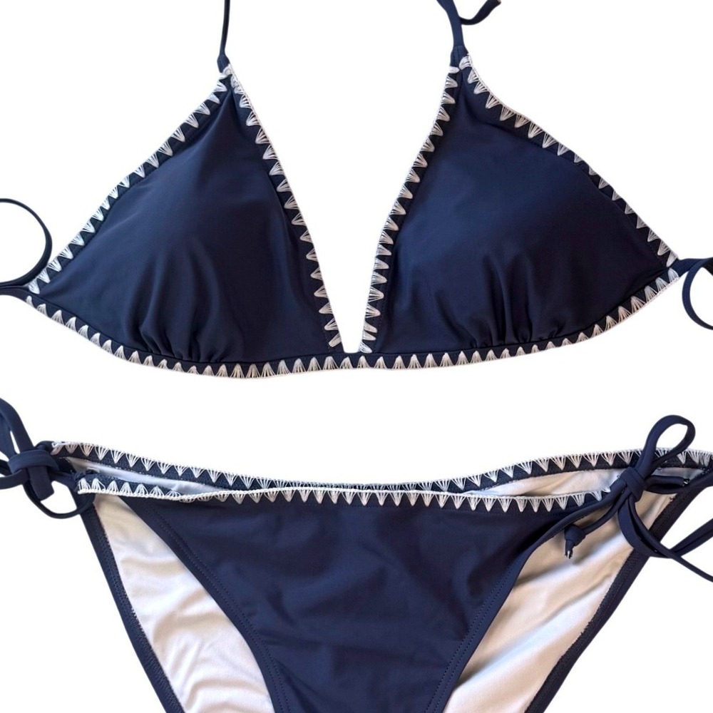 Navy Blue String Bikini with White Stitching UPF 50 Plus Size XL Top XL Bottom